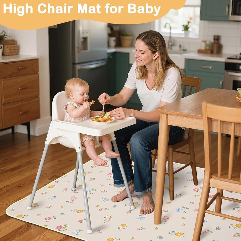 BeBeJoJo Splat Mat for Under High Chair 42 x 42 Inch Waterproof Baby Splash Mat with Non Slip Bottom Reusable Portable Highchair Mat for Floor Food Catcher for High Chair, Yellow Pink Floral - Image 2